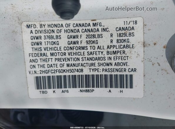 2HGFC2F60KH507408 2019 HONDA CIVIC White Vista del compartimento del motor
