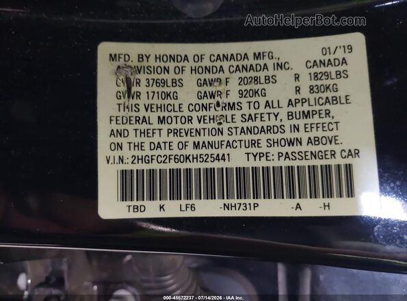 2HGFC2F60KH525441 2019 HONDA CIVIC Black Engine compartment view