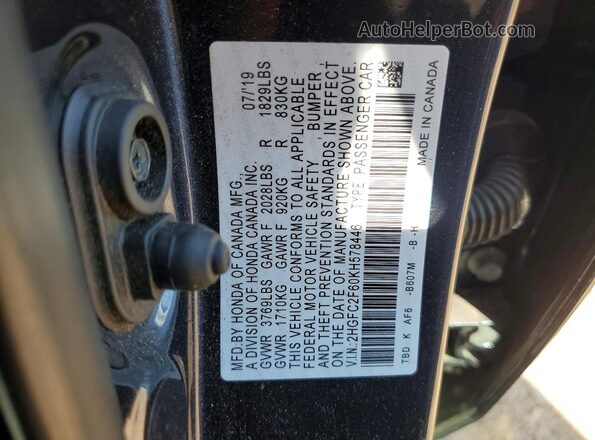 2HGFC2F60KH578446 2019 HONDA CIVIC Blue VIN კოდის სტიკერის ხედი