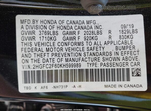 2HGFC2F60KH599989 2019 HONDA CIVIC Black Вид підкапотного простору