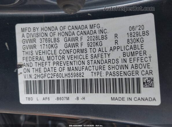 2HGFC2F60LH559882 2020 HONDA CIVIC Gray ძრავის განყოფილების ხედი