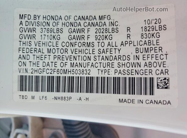 2HGFC2F60MH503832 2021 HONDA CIVIC White Вид наклейки з VIN-кодом