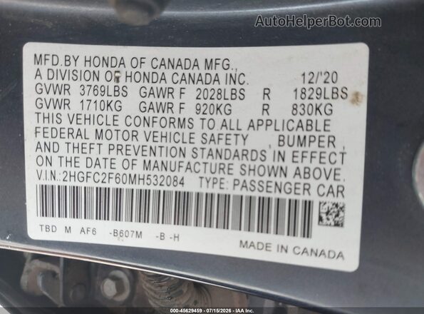 2HGFC2F60MH532084 2021 HONDA CIVIC Blue ძრავის განყოფილების ხედი