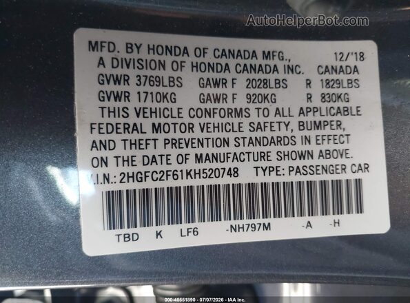 2HGFC2F61KH520748 2019 HONDA CIVIC Серый Вид подкапотного пространства