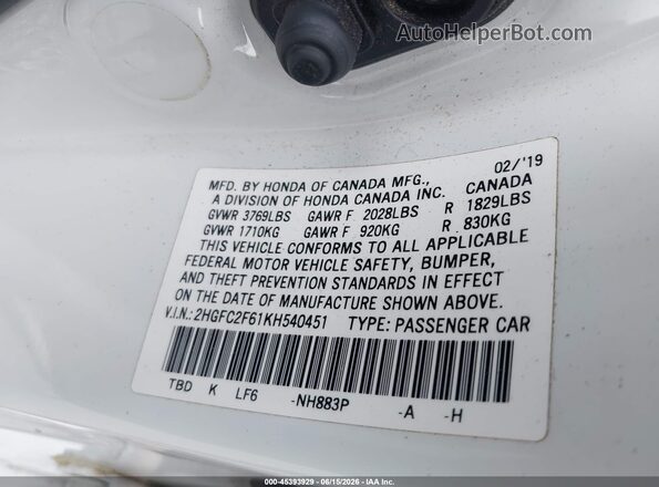 2HGFC2F61KH540451 2019 HONDA CIVIC White Շարժիչի բաժամունքի տեսք