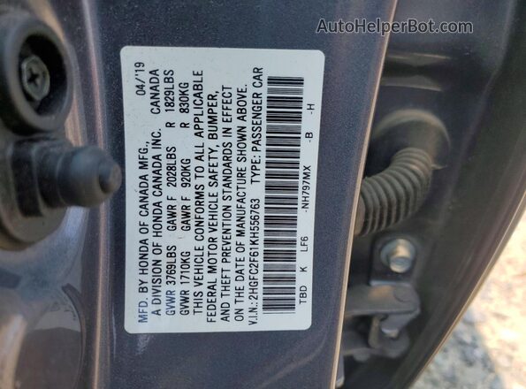 2HGFC2F61KH556763 2019 HONDA CIVIC Gray Widok komory silnika