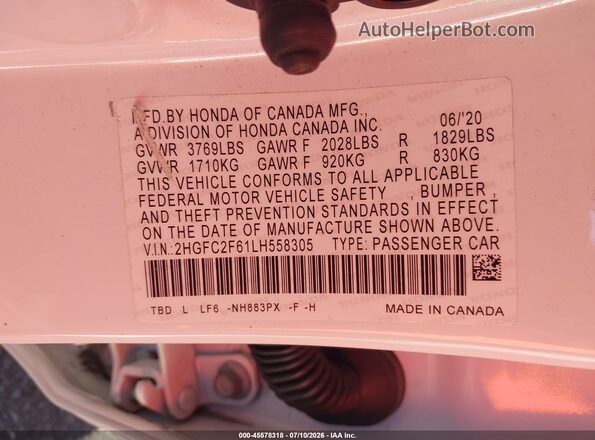 2HGFC2F61LH558305 2020 HONDA CIVIC White Widok komory silnika