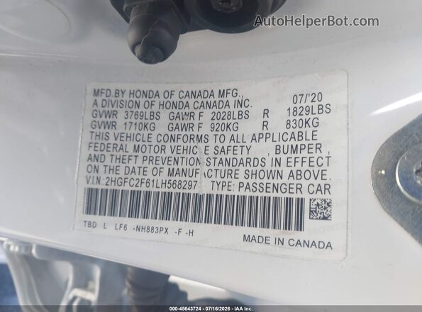 2HGFC2F61LH568297 2020 HONDA CIVIC White Вид підкапотного простору