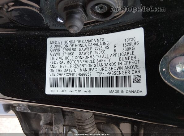 2HGFC2F61LH599257 2020 HONDA CIVIC Black Vista del compartimento del motor