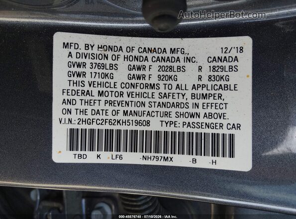 2HGFC2F62KH519608 2019 HONDA CIVIC Gray Շարժիչի բաժամունքի տեսք