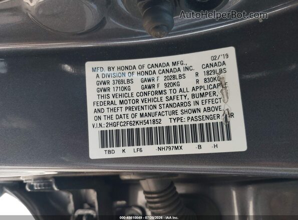 2HGFC2F62KH541852 2019 HONDA CIVIC Gray Vista del compartimento del motor