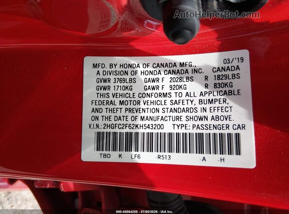 2HGFC2F62KH543200 2019 HONDA CIVIC Red Вид підкапотного простору