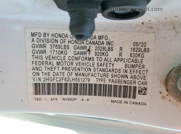 2HGFC2F62LH551279 2020 HONDA CIVIC White Widok komory silnika