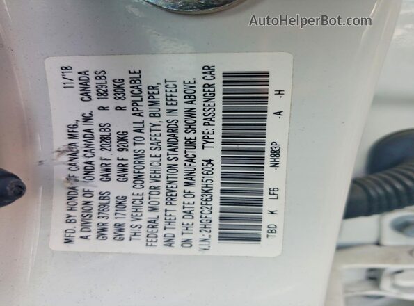 2HGFC2F63KH516054 2019 HONDA CIVIC White Widok komory silnika