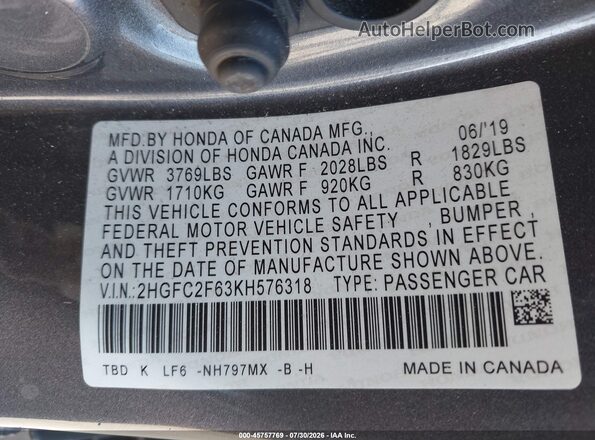 2HGFC2F63KH576318 2019 HONDA CIVIC Gray ძრავის განყოფილების ხედი