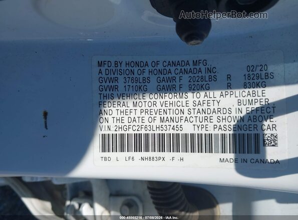 2HGFC2F63LH537455 2020 HONDA CIVIC White Vista del compartimento del motor