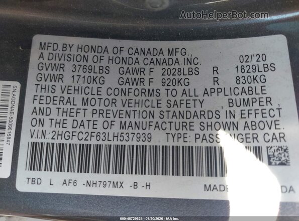 2HGFC2F63LH537939 2020 HONDA CIVIC Gray ძრავის განყოფილების ხედი