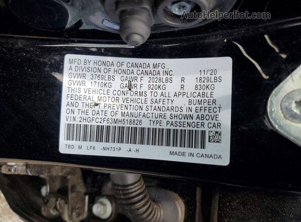 2HGFC2F63MH518826 2021 HONDA CIVIC Black VIN კოდის სტიკერის ხედი