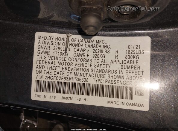 2HGFC2F63MH536338 2021 HONDA CIVIC Black Widok komory silnika