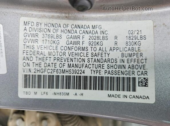 2HGFC2F63MH539224 2021 HONDA CIVIC Silver ძრავის განყოფილების ხედი