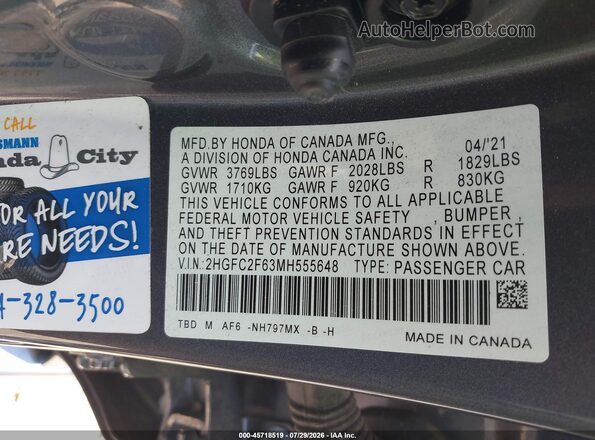 2HGFC2F63MH555648 2021 HONDA CIVIC Gray Շարժիչի բաժամունքի տեսք