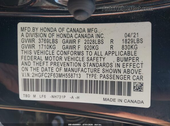 2HGFC2F63MH558713 2021 HONDA CIVIC Black Widok komory silnika