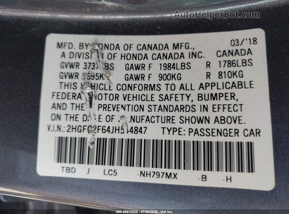 2HGFC2F64JH544847 2018 HONDA CIVIC Серый Вид подкапотного пространства