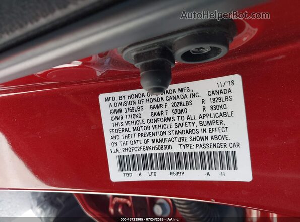 2HGFC2F64KH508500 2019 HONDA CIVIC Red Вид підкапотного простору