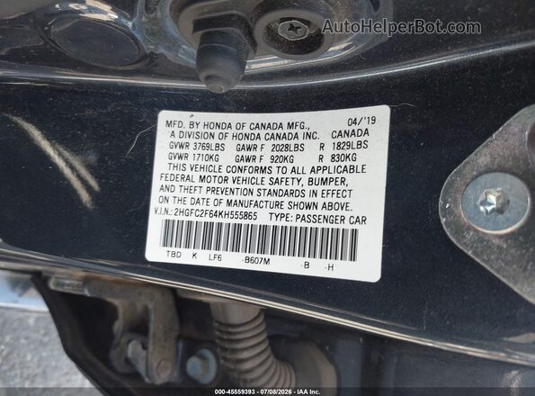 2HGFC2F64KH555865 2019 HONDA CIVIC Черный Вид подкапотного пространства