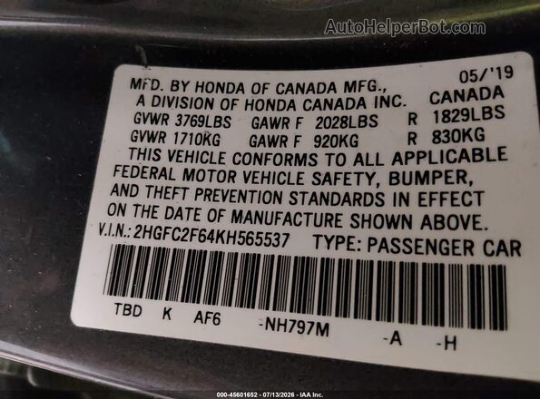 2HGFC2F64KH565537 2019 HONDA CIVIC Gray Engine compartment view