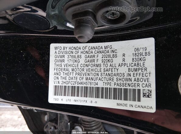 2HGFC2F64KH576134 2019 HONDA CIVIC Black Widok komory silnika