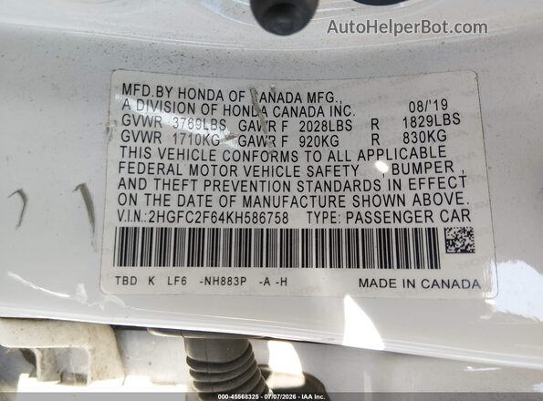 2HGFC2F64KH586758 2019 HONDA CIVIC White Вид підкапотного простору