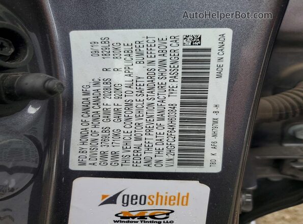 2HGFC2F64KH603848 2019 HONDA CIVIC Gray Widok komory silnika