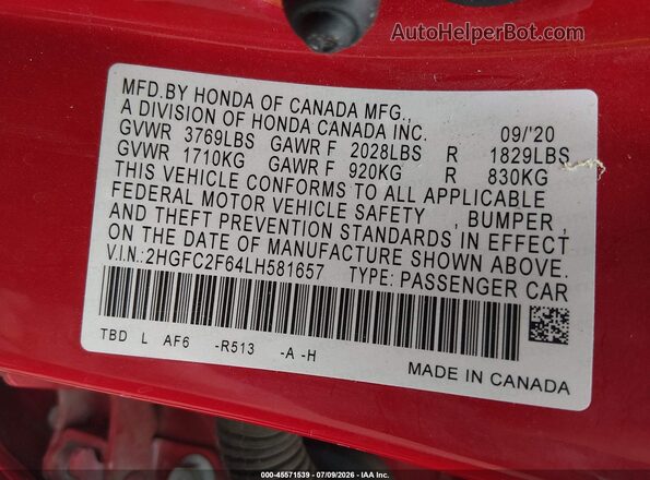 2HGFC2F64LH581657 2020 HONDA CIVIC Красный Вид подкапотного пространства