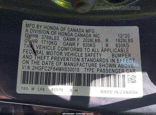 2HGFC2F64MH530015 2021 HONDA CIVIC Blue Вид підкапотного простору