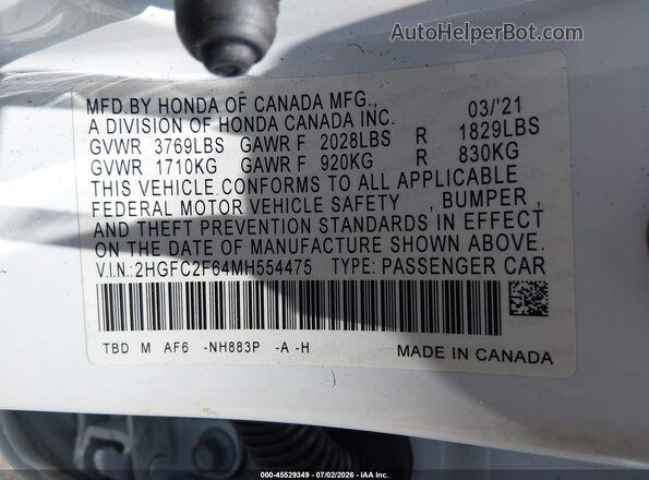 2HGFC2F64MH554475 2021 HONDA CIVIC White Engine compartment view