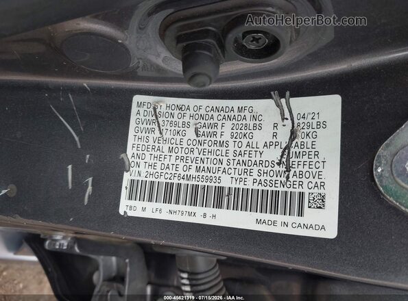 2HGFC2F64MH559935 2021 HONDA CIVIC Gray Engine compartment view