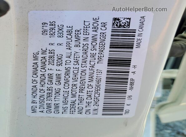 2HGFC2F65KH601137 2019 HONDA CIVIC White Вид підкапотного простору