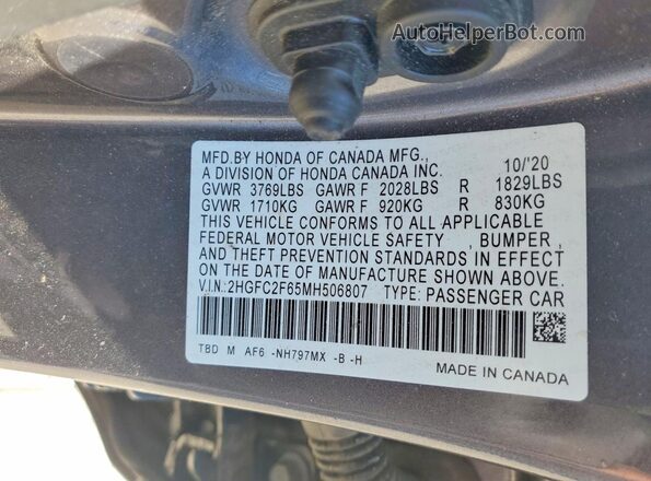 2HGFC2F65MH506807 2021 HONDA CIVIC Gray Vista del compartimento del motor