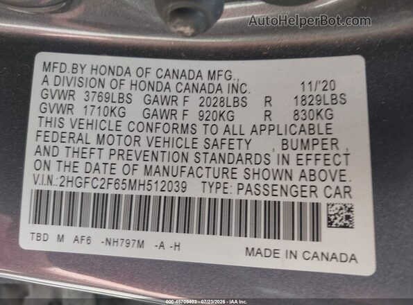 2HGFC2F65MH512039 2021 HONDA CIVIC Gray Vista del compartimento del motor