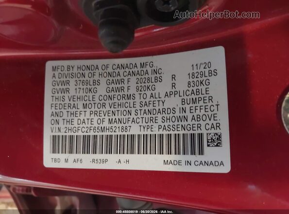 2HGFC2F65MH521887 2021 HONDA CIVIC Red Vista del compartimento del motor