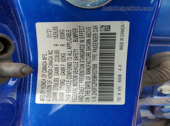 2HGFC2F65MH537698 2021 HONDA CIVIC Синий Вид подкапотного пространства
