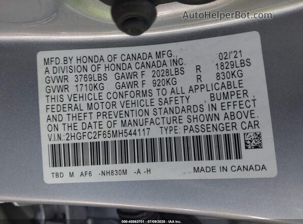 2HGFC2F65MH544117 2021 HONDA CIVIC Серебряный Вид подкапотного пространства