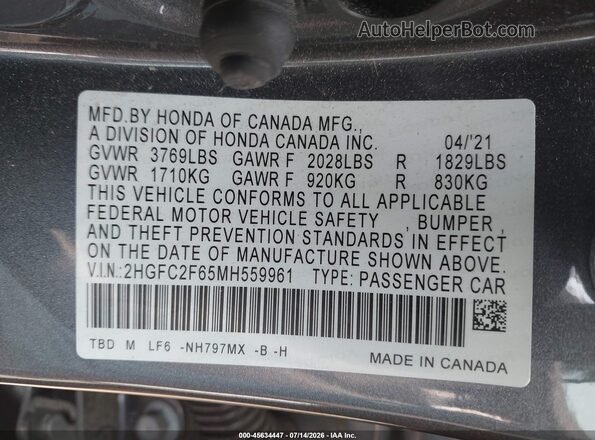 2HGFC2F65MH559961 2021 HONDA CIVIC Gray Widok komory silnika