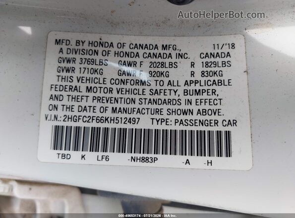 2HGFC2F66KH512497 2019 HONDA CIVIC White Vista del compartimento del motor