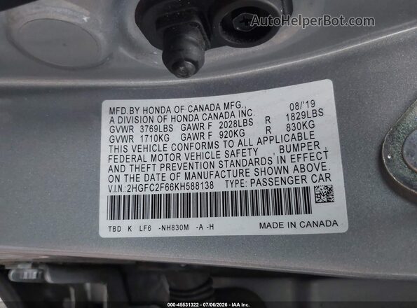 2HGFC2F66KH588138 2019 HONDA CIVIC Silver Widok komory silnika