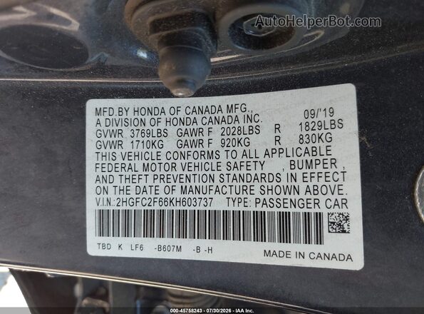2HGFC2F66KH603737 2019 HONDA CIVIC Blue Vista del compartimento del motor