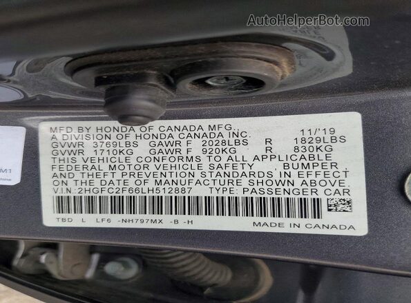 2HGFC2F66LH512887 2020 HONDA CIVIC Gray Widok komory silnika