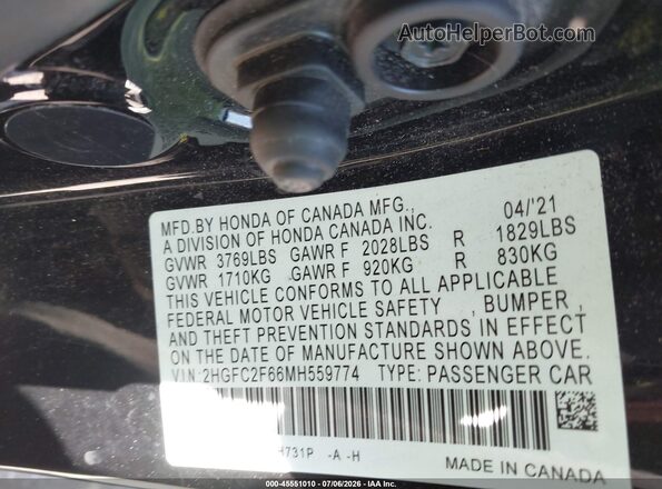 2HGFC2F66MH559774 2021 HONDA CIVIC Black Շարժիչի բաժամունքի տեսք