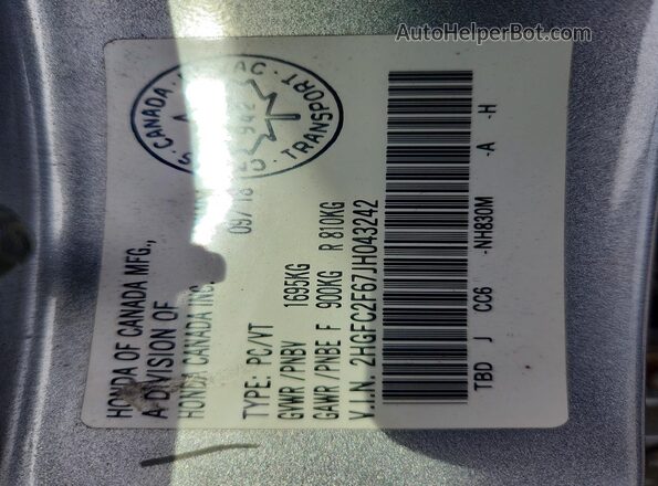 2HGFC2F67JH043242 2018 HONDA CIVIC Silver Vista del compartimento del motor